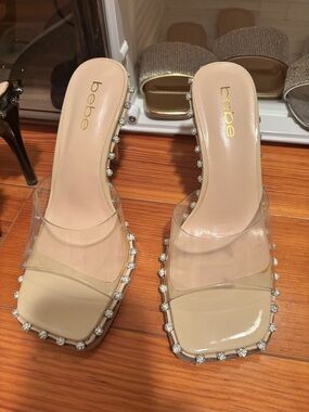 NWOT bebe Nude Clear Crystal-Embellished Block Heel Slides